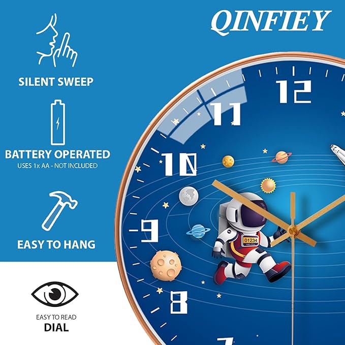 12 Inch Silent Movement Kids Wall Clock, Non Ticking Children Round Wall Clock Battery Operated Space Travel Style Decor Children Clock for Home School Boys Bedroom Living Room (Blue-2)