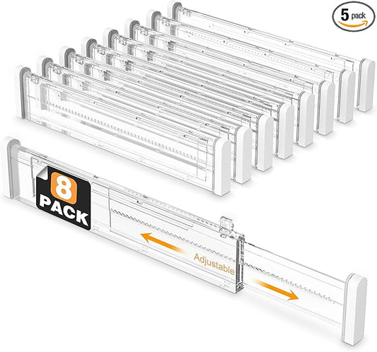 HiYZ Expandable Drawer Dividers - 12.6-22.8'' Adjustable Drawers Organizers for Kitchen Utensils, Drawer Separators in Bedroom, Dresser, Office, Bathroom, Fridge, 8 Pack Long Dividers-Clear