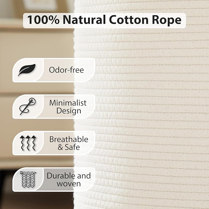 Fiona's magic Woven Rope Laundry Hamper, Tall Laundry Basket for Blanket Storage, Large Dirty Clothes Hamper for Toys, Decorative Baby Nursery Hamper for Bedroom, Living Room - White, 72L