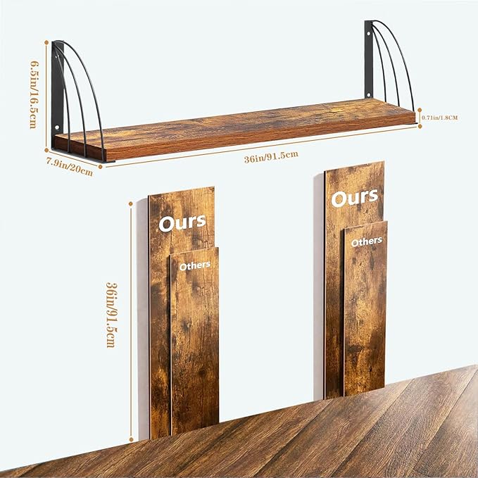 Long 36 inch Rustic Brown Floating Book Shelves for Wall - Curved Fan-Shaped Design with Built-in Anti-Slip Book Stops|0.71" Thick MDF Heavy Duty Floating Bookshelves|Wall Bookshelf for Books Set of 2