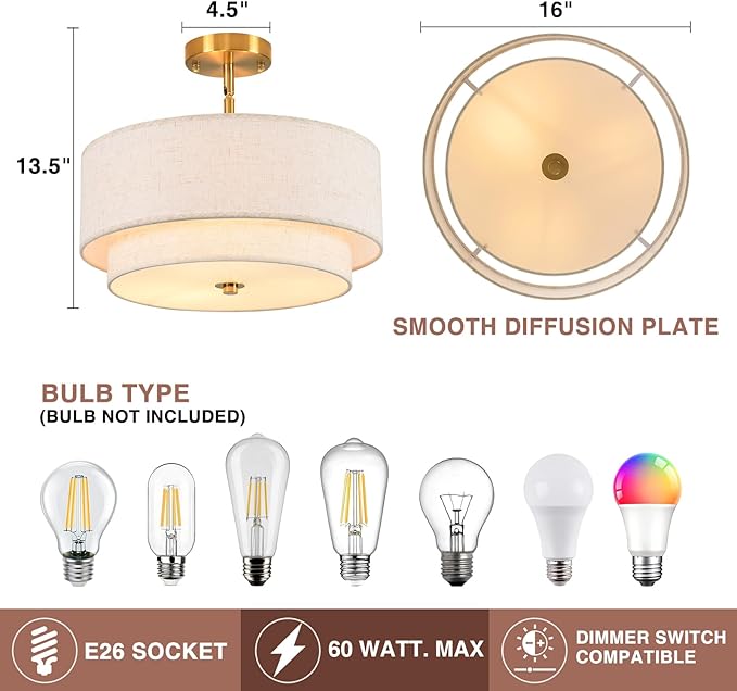 16" Semi Flush Mount Ceiling Light, Gold 3 Light Double Drum Fabric Lampshade Lighting Fixture for Living Room, Bedroom, Dining Room, Kitchen, Hallway (Swivel Canopy for Sloped/Flat Ceiling)