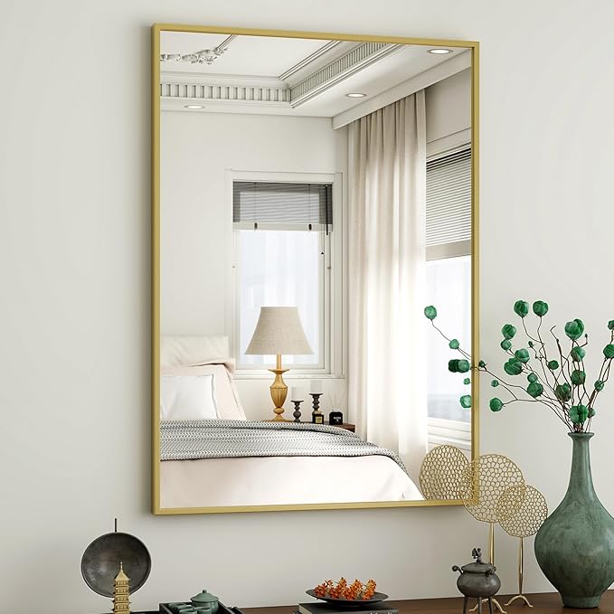 HARRITPURE 38"x26" Framed Bathroom Mirror for Wall Rectangle Mirror Aluminum Alloy Frame Wall-Mounted for Farmhouse Entryway Bedroom Living Room Gold