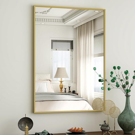 HARRITPURE 38"x26" Framed Bathroom Mirror for Wall Rectangle Mirror Aluminum Alloy Frame Wall-Mounted for Farmhouse Entryway Bedroom Living Room Gold