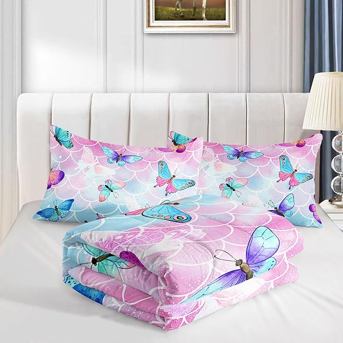 Kids Comforter Set Mermaid Scale Butterfly Printed Pattern Bedding Set with 1 Comforter and 2 Pillowcases for Girls Boys Bedroom All Season(Mermaid Queen)