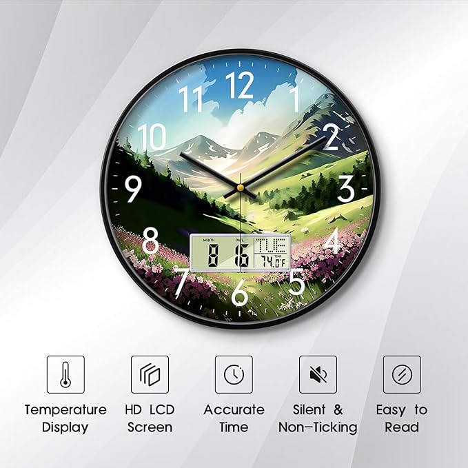 Digital Large Display Silent Wall Clock with Temperature Date Mountain Flowers Modern Non-ticking Battery Operated Mount Clocks Bathroom Kitchen Clock Farmhouse Living Room Office Decor 12 Inch