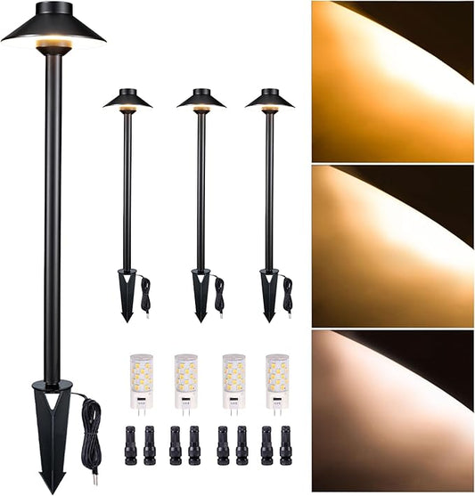 Outdoor Brass Pathway Lights, 2700K/3000K/4000K Adjustable Low Voltage Landscape Path Lighting Wired, 12v Walkway Light LED Waterproof, Black for Outside Garden Yard with G4 Bulb (4 Pack)