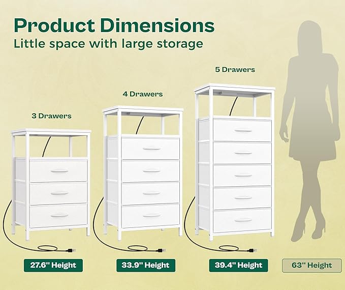 Huuger Night Stand with Charging Station, Multiple Drawer Dresser for Bedroom, Bedside Table, Tall Nightstand with PU Leather Finish, Open Shelf, End Table, for Closet, Entryway, Bedroom, White