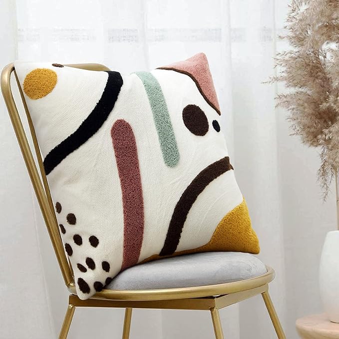 Merrycolor Colorful Boho Throw Pillow Covers 18x18 inch Tufted Modern Abstract Line Art Cute Pillows for Bedroom Aesthetic Embroidered Decorative Pillow Cases for Couch Sofa Bedroom Living Room,1PC