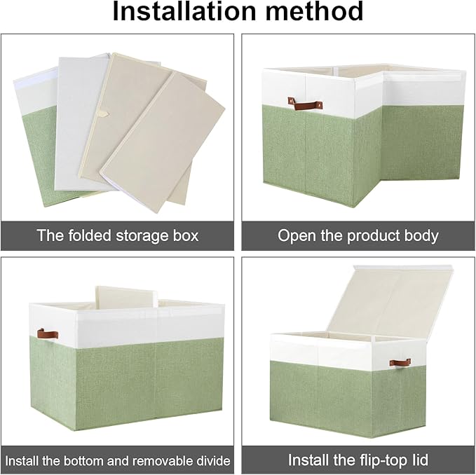 Large Toy Storage Box with Lid, Sturdy Toys Storage Chest Bin Organizer Basket with Dividers for Kids, Boys, Girls, Nursery, Closet, Bedroom, Playroom 26"x17" x17" (Green and White)