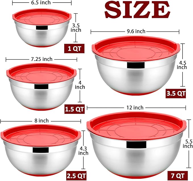 P&P CHEF Mixing Bowls with Lids Set of 5, Stainless Steel Nesting Salad Bowl with Lid & Base for Non-slip Mixing Prepping Storing Serving, 5 Sizes-7/3.5/2.5/1.5/1 QT, Red