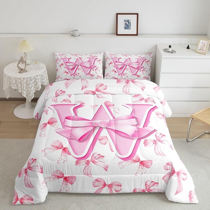 jejeloiu Kids Girls Cute Pink Bow Comforter Set King Size Monogrammed Bedding Set Ultra Soft Personalized Initial W Duvet Quilt Coquette Bow Knot Quilt Set Room Decor Modern Fashion Comforter