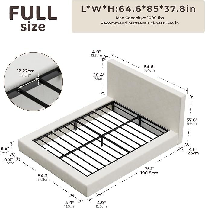 RECCI Cloud Upholstered Full Bed Frame with Headboard, 5 Inch Foam Padded Platform, No Box Spring, Easy Assembly(Cream)