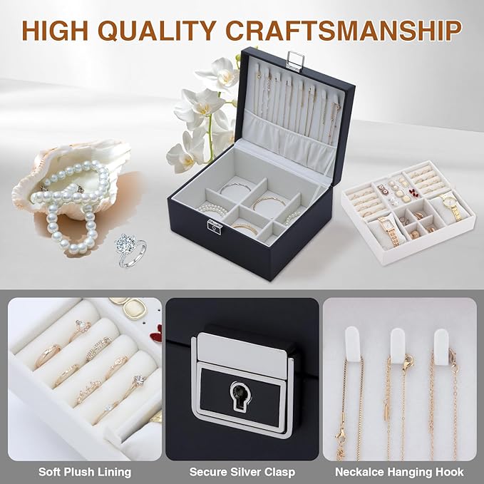 Jewelry Organizer Box for Girls Women,2 Layer Large Genuine Leather Jewelry Organizers and Storage with Lock Removable Velvet Jewelry Tray,Christmas Gifts for Mom,Black