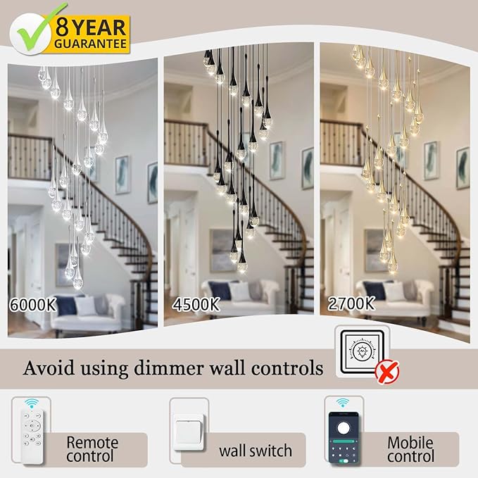 138'' High Ceiling Chandelier for Entryway Gold Raindrop Crystal Chandeliers for Living Room Foyer Staircase Flush Mount Sloping Ceiling Pendant Light Fixture LED Dimming 2700k-6000k