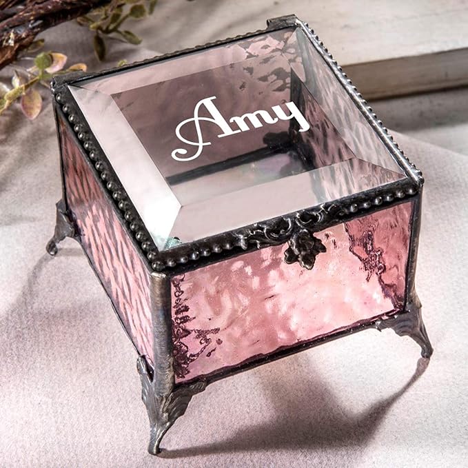 Personalized Engraved Jewelry Box Decorative Vanity Display Stained Glass Keepsake - J Devlin Box 903 EB217-1 (Pink)