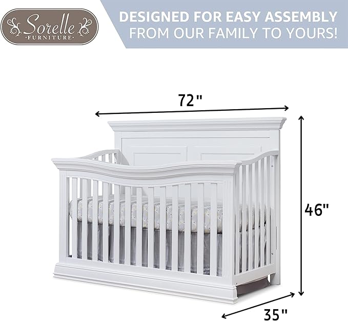 Sorelle Furniture Paxton Crib, Classic 4-In-1 Convertible Crib, Made of Wood, Non-Toxic Finish, Wooden Baby Bed, Toddler Bed, Child’s Daybed and Full-Size Bed, Nursery Furniture - White