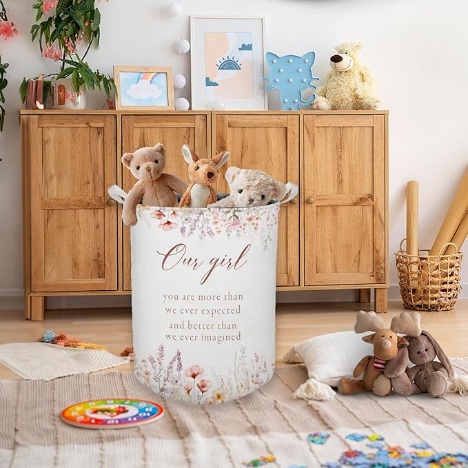 Baby Girl Laundry Basket, Boho Floral Wildflower Waterproof Collapsible Laundry Hamper Dirty Clothes Storage Toy Bin Organizer for Toddler Girls Room Nursery Bedroom Bathroom Kids Room