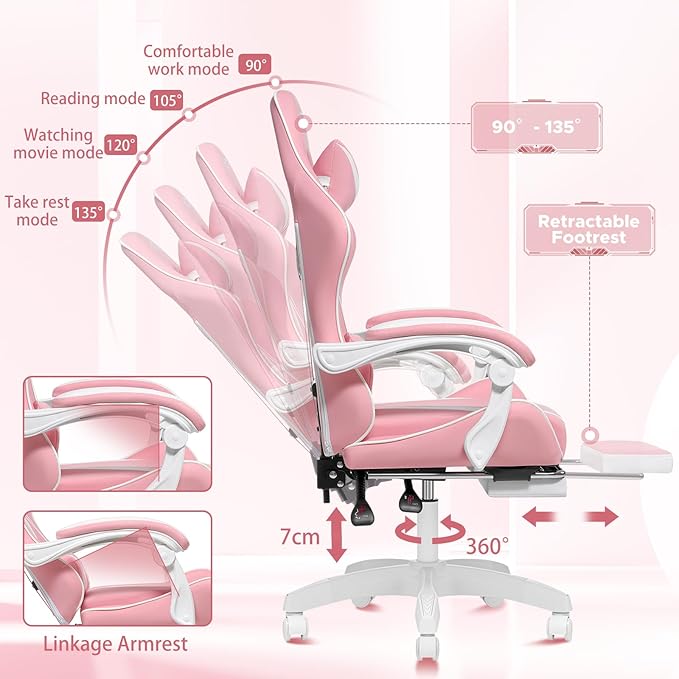 HOFFREE Pink Gaming Chair for Girls with Massage Computer Gamer Chair with Footrest and Lumbar Support Reclining PC Game Chair with Headrest for Gaming Room