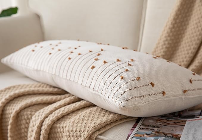 Caflife Boho Lumbar Pillow Cover 14x36 Long Pack of 1 Decorative Pillows Bed, Beige with Brown Body Throw Pillow Covers, for Modern Farmhouse Sofa Bedroom Living Room Home Decor Couch Pillowcase