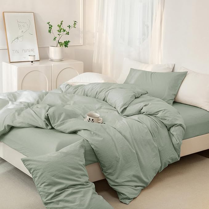JIYUAN 100% Washed Cotton Duvet Cover Set 3 Pieces Queen, 1 Duvet Cover 90x90 Inches(Comforter Not Included) and 2 Pillowcases,Linen Feel Bedding Set Comfy and Breathable, Heathered Sage Green
