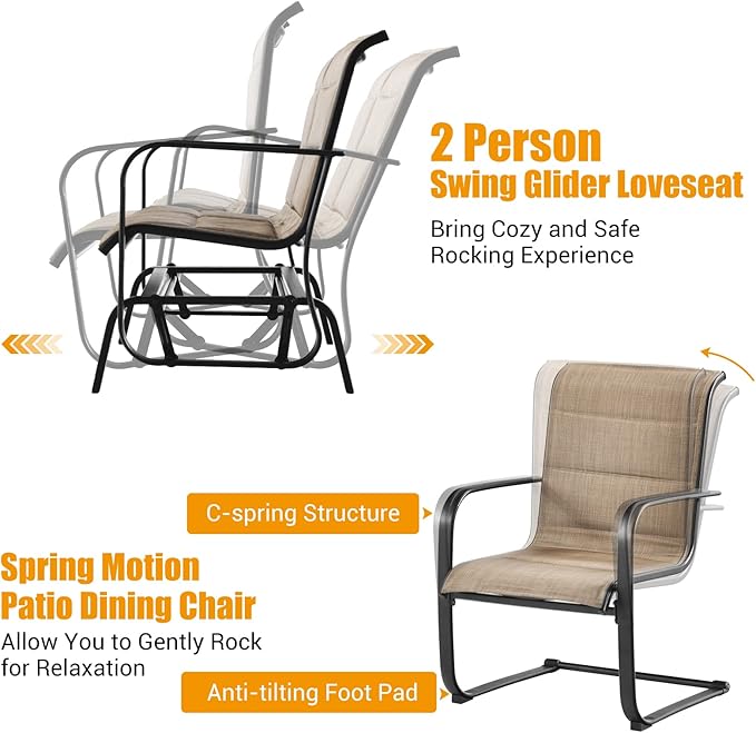 Tangkula 4 Pieces Outdoor Furniture Set, Patio Conversation Set with Coffee Table, 2-Person Swing Glider Loveseat and 2 Spring Motion Dining Chairs, Sectional Sofa Set with Cotton Padded (Brown)