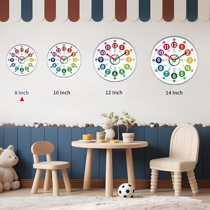 Learning Clock for Kids Learning to Tell Time Easily Colorful Teaching Time Clock Silent Non Ticking Battery Operated Decorative for Kids Room Classroom School Bedroom (8 Inch)
