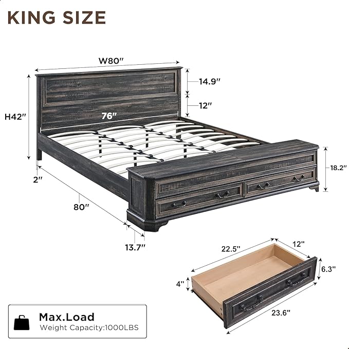 T4TREAM Farmhouse King Bed with Headboard and Storage Bench, Rustic Wood Platform Bed with 80" Storage Chest w/ 4 Large Drawer (Dark Rustic Oak)