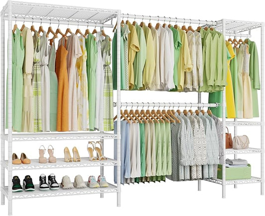 Ulif E11 Heavy-Duty Garment Rack, Metal Freestanding Clothes Rack and Closet Storage Organizer with 8 Shelves and 4 Hanger Rods, (73.2 - 97.6)"W x 14.5"D x 71.2"H, Load 1034 LBS, White