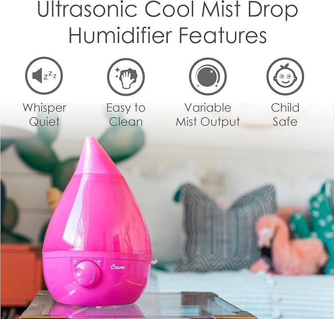 Crane Ultrasonic Humidifiers for Bedroom and Office, 1 Gallon Cool Mist Air Humidifier for Large Room and Home, Humidifier Filters Optional, Pink