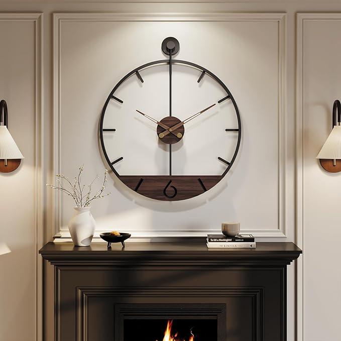 Extra Large Wall Clock 36 Inch Modern Black Metal Clock with Walnut Wood Dial, Silent Non-Ticking Oversized Decorative Battery Powered Big Clock for Living Room, Kitchen, Office, Bedroom