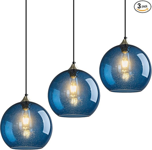 Blue Glass Pendant Lights Kitchen Island Lighting Globe Pendant Light Fixtures Modern Pendant Lighting for Kitchen Island Bedroom Living Dining Room Light Fixture(9.84in, 3-Pack)