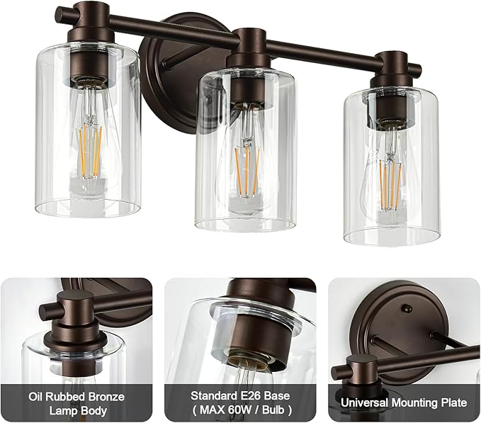 Bathroom Light Fixtures Wall Sconce Light with Clear Glass Oil Rubbed Bronze 3 Lights Bathroom Lighting Over Mirror Vanity Lights for Living Room,Bedroom,Restroom,Hallway E26 Base