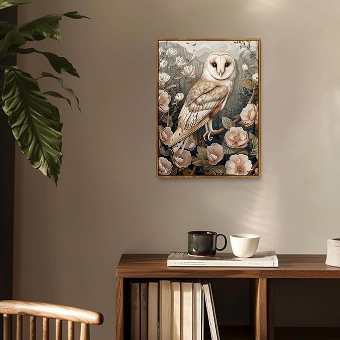 Djmwtb Framed Vintage Wall Art, Owl Wall Art,Flower Pictures Wall Decor,Nature Botanical Paintings Canvas Artwork Prints for Bedroom, Living Room 16x24in