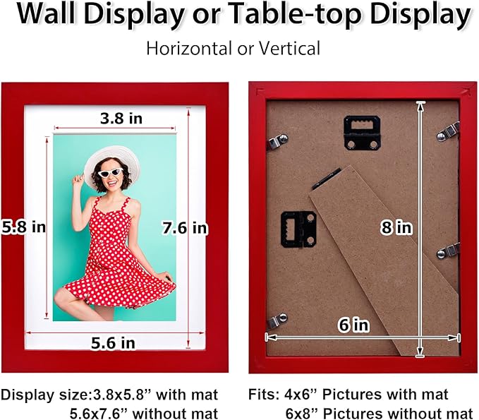 KINLINK 6x8 Picture Frame Red, Solid Wood Frames with Acrylic Plexiglass for Pictures 4x6 with Mat or 6x8 without Mat, Tabletop and Wall Display Photo Frame, Set of 4