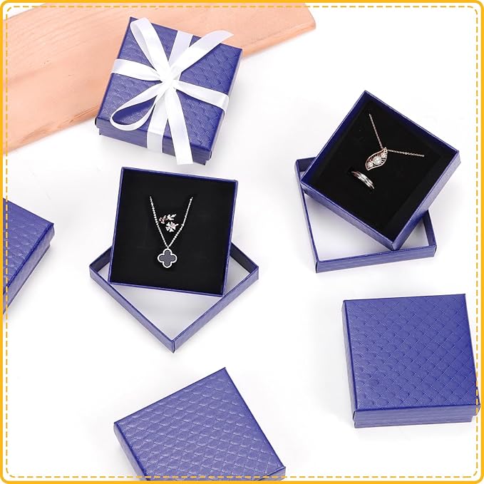 Glarks 17pcs Dark Blue 2.95 x 2.95in Jewelry Gift Boxes with Pink Scissors and White Polyester Ribbon Set, Diamond Pattern Necklace Earring Bracelet Boxes Gift Case Ideal