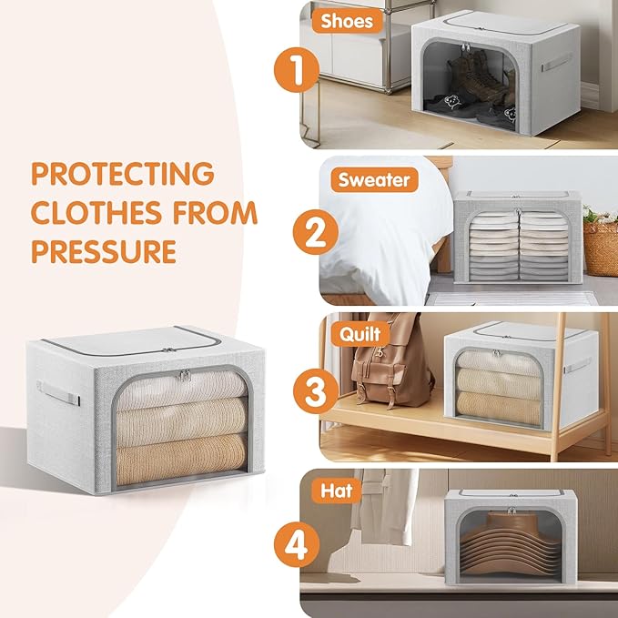 3 Pack Clothes Storage Bins with Metal Frame, Stackable & Foldable Linen Storage Box with Lids, Closet Organizers And Storage For Bedding, Blanket, Sweater, Baby Clothes. (Large 66L)