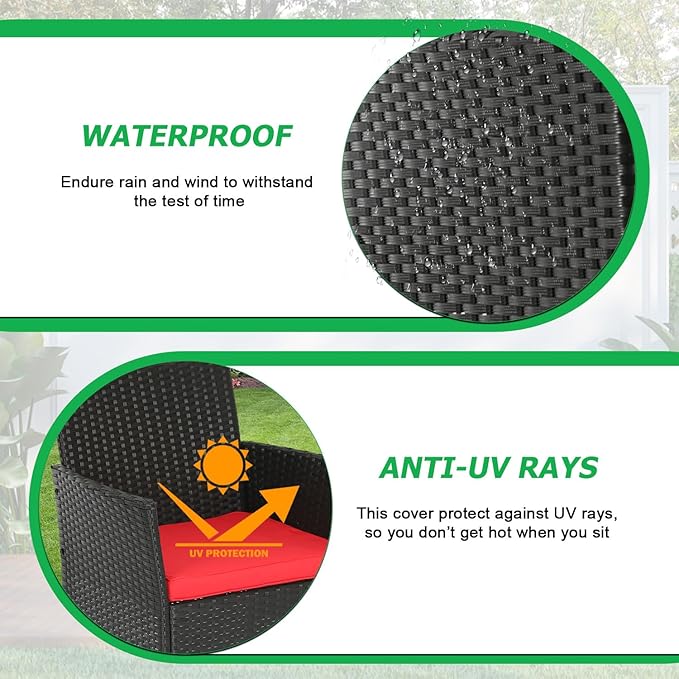 FDW | 3-Piece Patio Furniture Set | Black & Red | Outdoor Wicker Furniture with Coffee Table | Modern Rattan Chairs Conversation Set | Outdoor Seating | Weather-Resistant | for Porch, Garden, Lawn