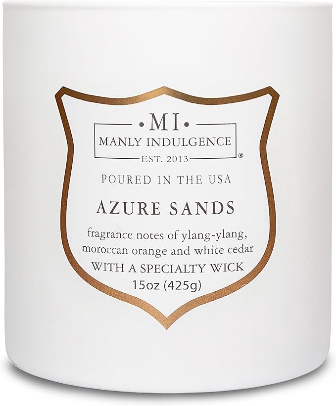 Manly Indulgence Azure Sands Scented Candles for Men, 15 oz Wooden Wick, Premium Soy Blend Wax, 60H Burn, Candles for Home Scented - Made in The USA