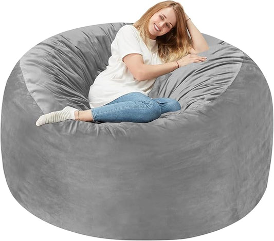 Homguava 4 FT Bean Bag Chair: 4' Bean Bags with Memory Foam Filled, Large Beanbag Chairs Soft Sofa with Dutch Velvet Cover-Light Grey