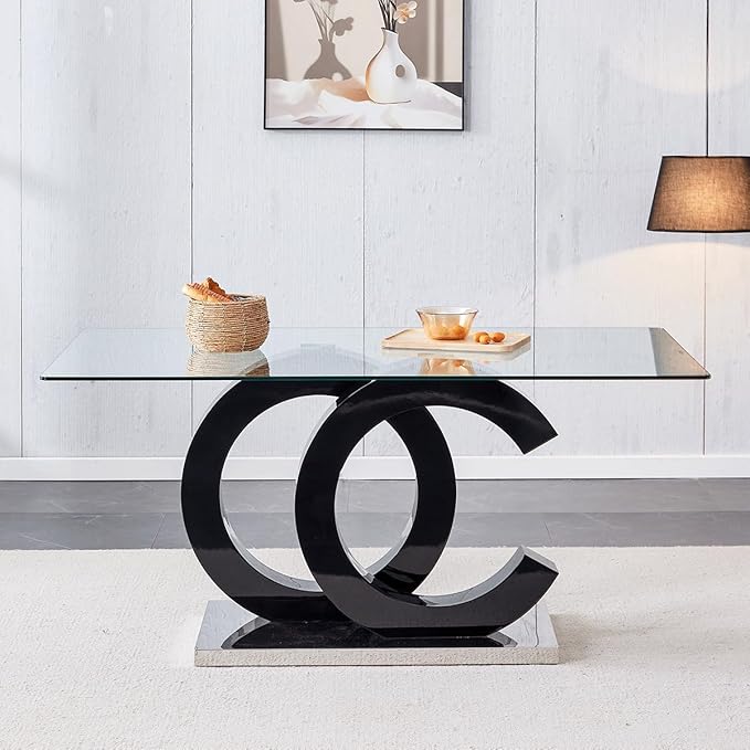 gopop 63'' Modern Glass Dining Table, Clear Glass Top with Black Unique Design Leg and Silver Metal Base, Seats 4-6, 63 x 35.4 x 30 inches