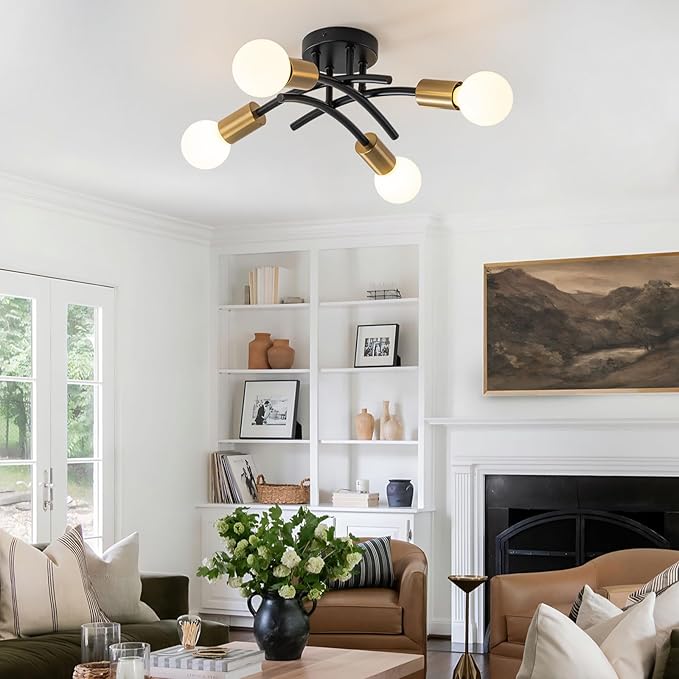 WILON Semi Flush Mount Ceiling Light Fixture, Modern Flush Mount Ceiling Lights, Black Gold 4-Light Sputnik Ceiling Light Fixture with E26 Bulb Base for Hallway Farmhouse Kitchen Bedroom