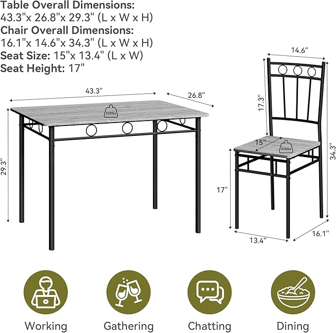 5 Piece Dining Table Set, Wood Kitchen Table and Chairs for Small Space,Breakfast Nook,Easy Assembly,Grey