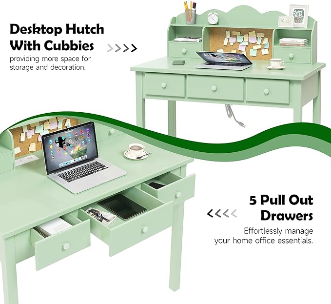 Home Office Furniture Writing Desk, 36 Inch Computer Work Station with Detachable Hutch for Small Place, 5 Drawers(Candy Green)