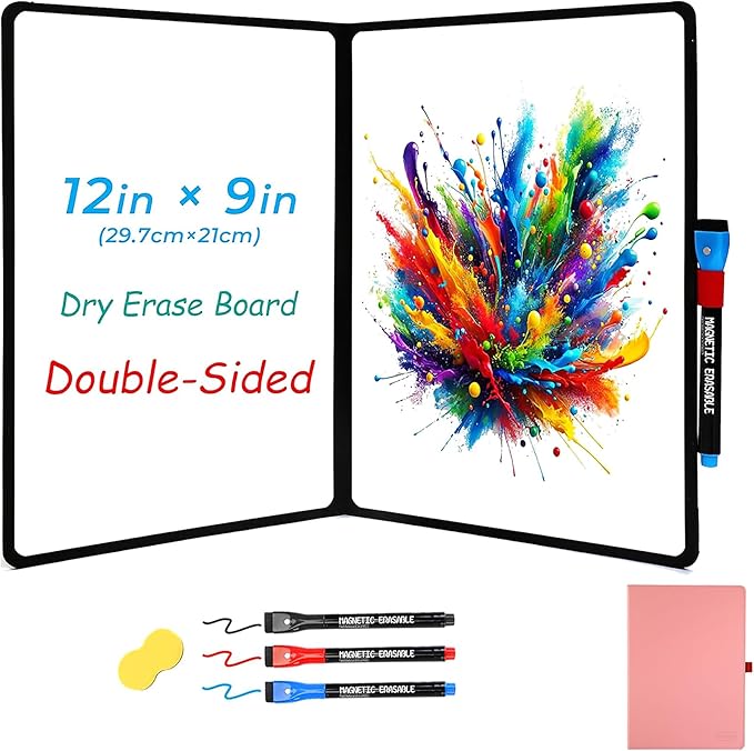 Double-Sided Whiteboard - Portable, 12" x 9" Dry Erase Boards with 3 Markers, Eraser and Stylish Red Elastic Pen Tray for Office, Education and Home (Double-A4 Pink)