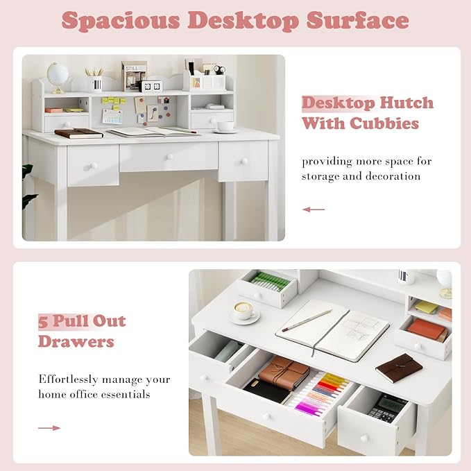White Wrting Desk with Hutch and Drawers - 40 Inch Small Student Desk for Home Office, Study Desk for Teen
