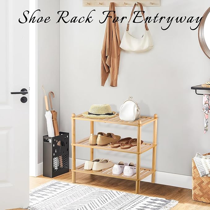 3-Tier Shoe Rack,Shoes Organizer,for Front Door Entrance, Free Standing Shelf Entryway and Closet Hallway, Small Space Stackable Bamboo Multifunctional Racks