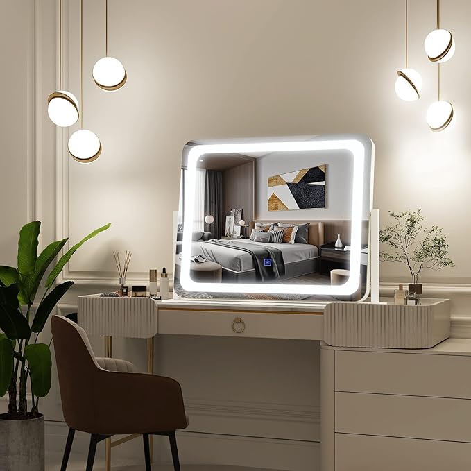 FENNIO Vanity Mirror with Lights 22''x17'' Makeup Mirror with Lights,Vanity Mirror Touch Screen with 3-Color Lighting,Dimmable,for Vanity Desk Tabletop