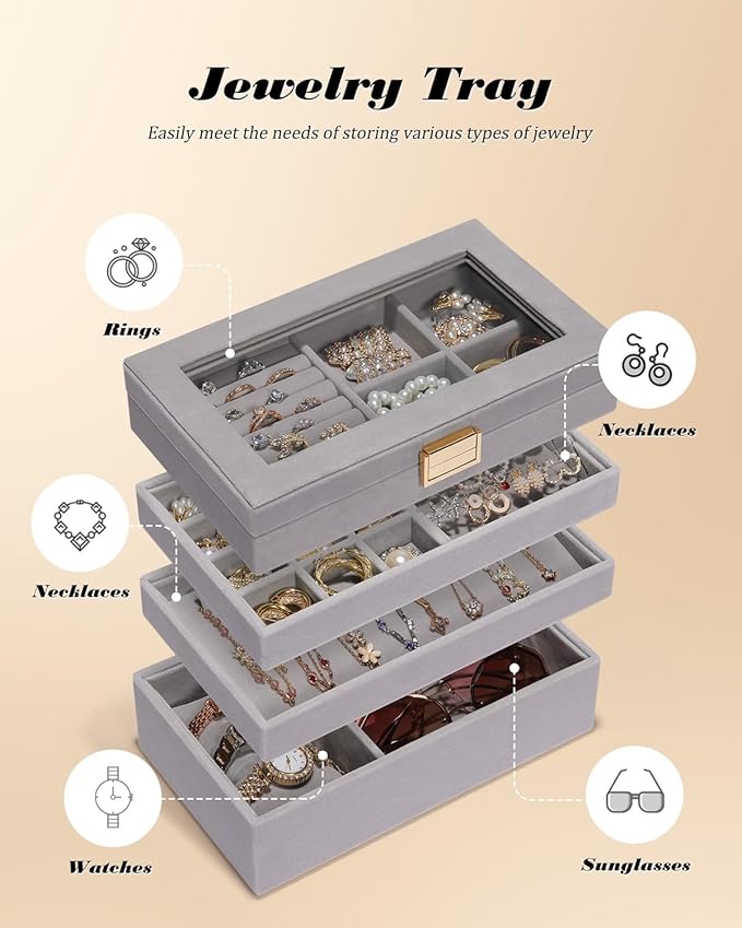 Homde Jewelry Tray Stackable Jewelry Box Drawer Organizer with Glass Lid, Removable Dividers for Vanity Table Gift Idea for Girls and Women (Gray)