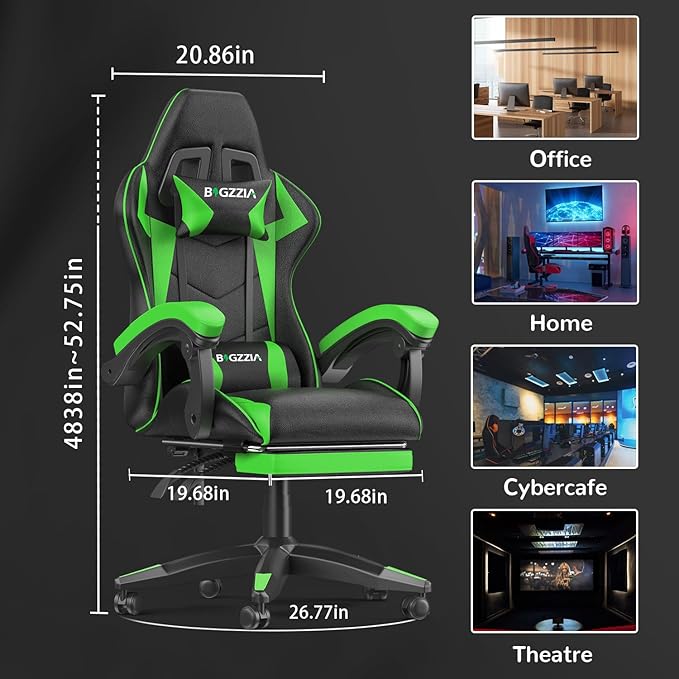 Gaming Chair with Footrest, High Back Ergonomic Computer Gamer Chair with Headrest and Lumbar Support, Racing Style Reclining Game Chair for Adults, Kids (Green-Black)