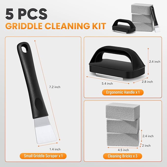 Pumice Grill Brick for Cleaning Flat Top, Heavy Duty Grill Stone Kit for Griddle with Handle & Scraper, Griddle Cleaning Brick Block for Removing Stubborn Grease, Rust (5 PCS)